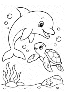 Delfin og havskildpadde – nem tegning til print