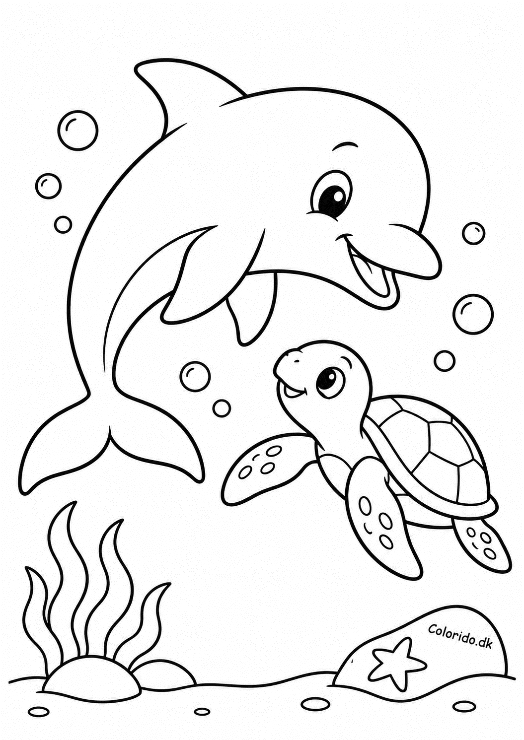 Delfin og havskildpadde – nem tegning til print