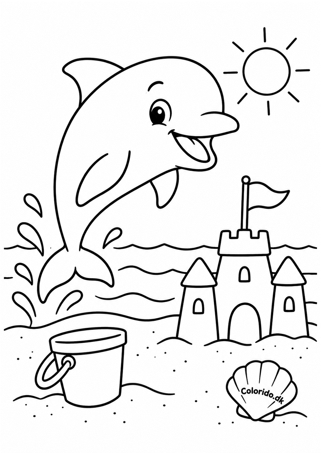 Delfin ved sandslottet – sommer tegning til print