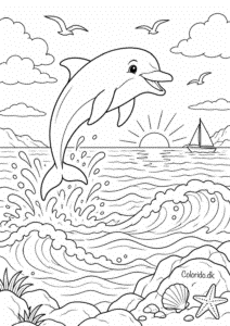 Delfin ved solnedgang – tegning til farvelægning