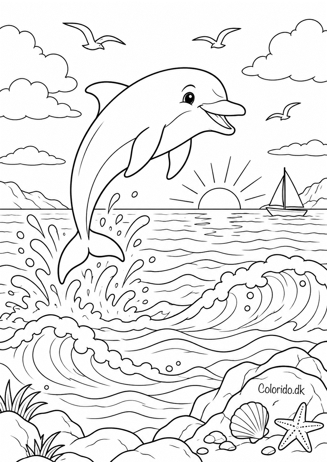 Delfin ved solnedgang – tegning til farvelægning