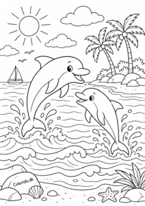 Delfiner ved den tropiske ø – tegning til print