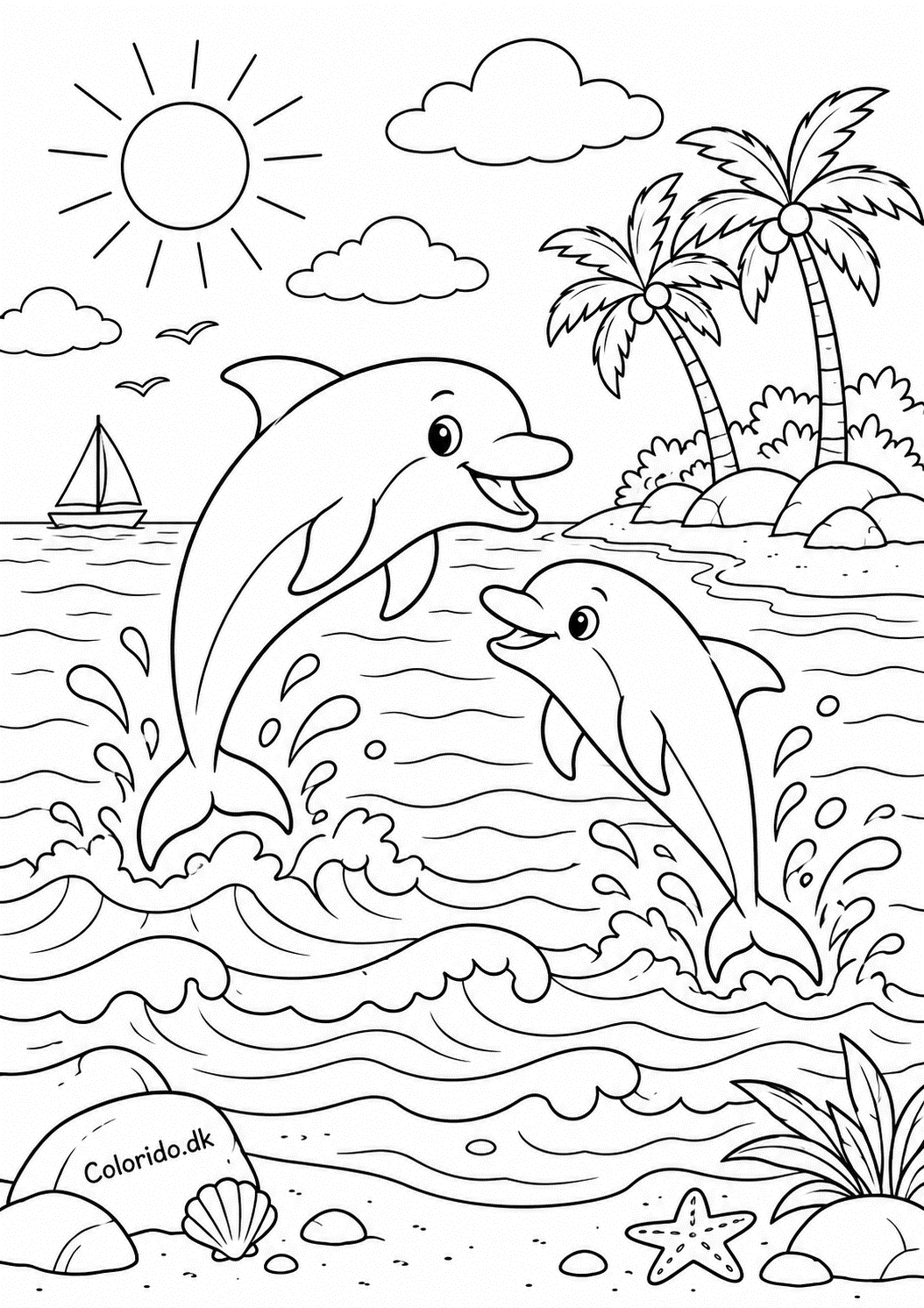 Delfiner ved den tropiske ø – tegning til print
