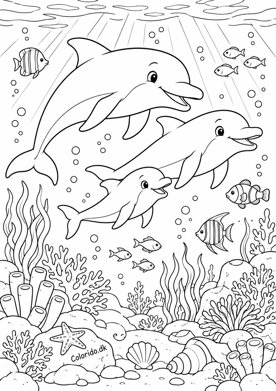 Delfinfamilie i havet – detaljeret tegning til print