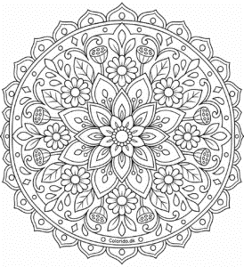 Detaljeret blomstermandala til print for større børn