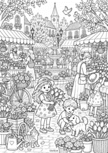 Forårsmarked med blomster – detaljeret tegning til print