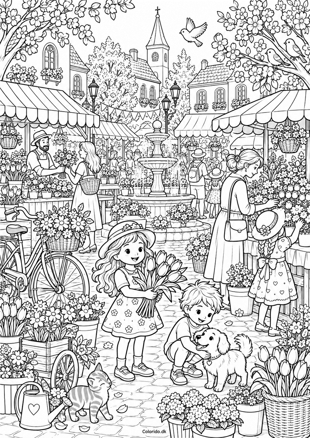 Forårsmarked med blomster – detaljeret tegning til print