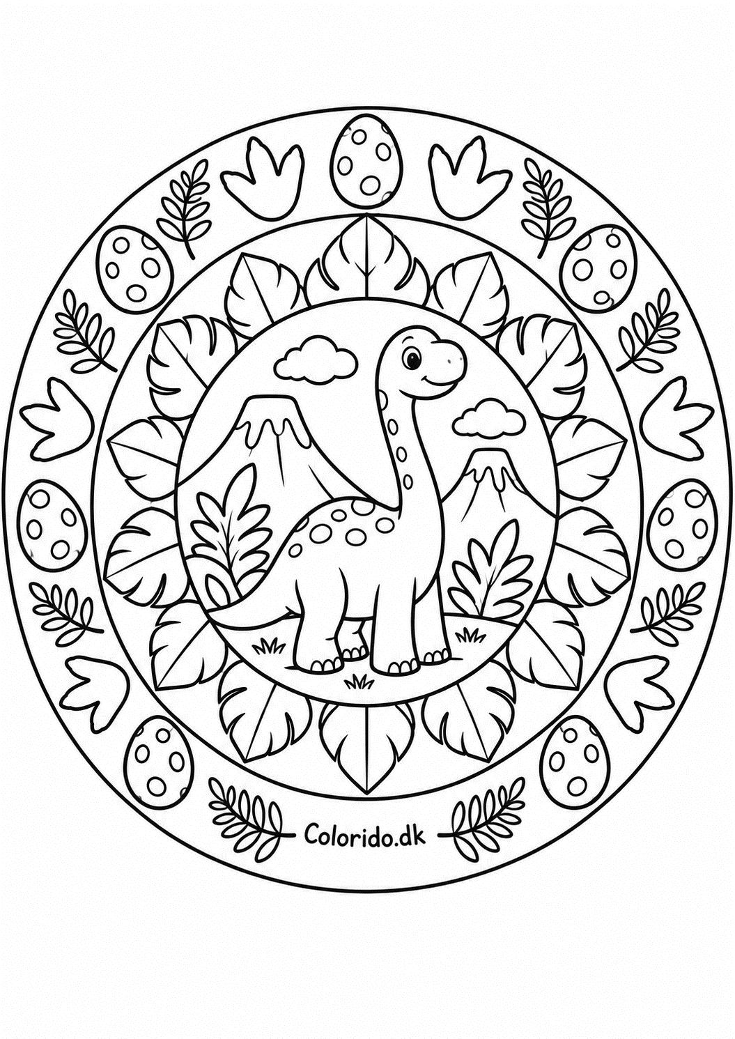 Dinosaur-mandala med vulkaner og æg til print