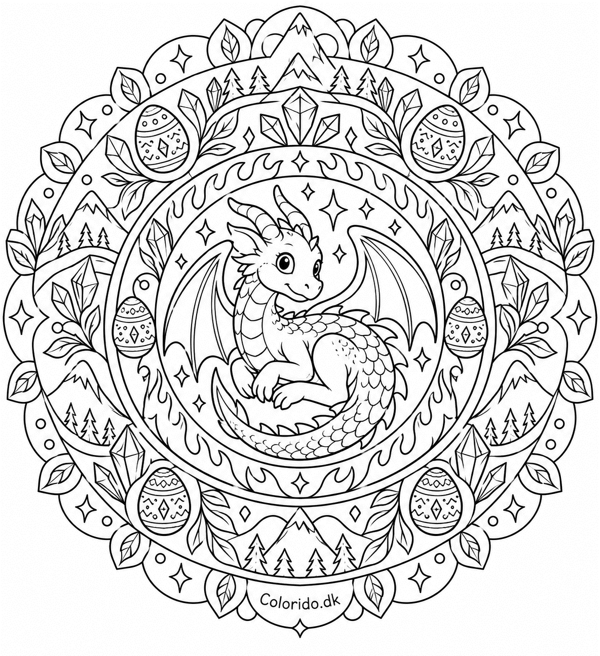Drage-mandala med krystaller og bjerge til print