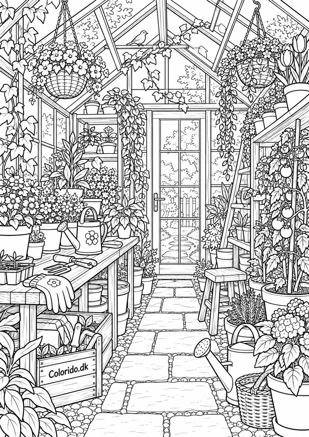 Drivhus indvendigt med blomster – detaljeret tegning