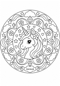 Enhjørning-mandala med stjerner og blomster