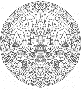 Detaljeret eventyrslot-mandala med rosenhave