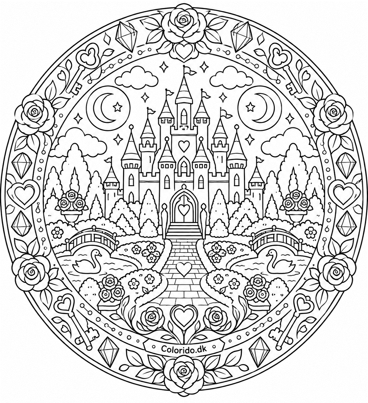Detaljeret eventyrslot-mandala med rosenhave