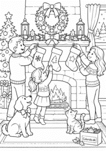 Familie hænger julesokker op – julemotiv til print