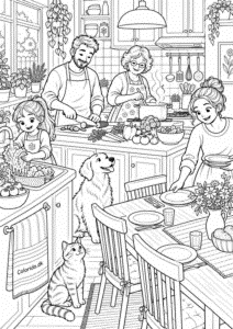 Familie laver aftensmad sammen – menneske tegning til print
