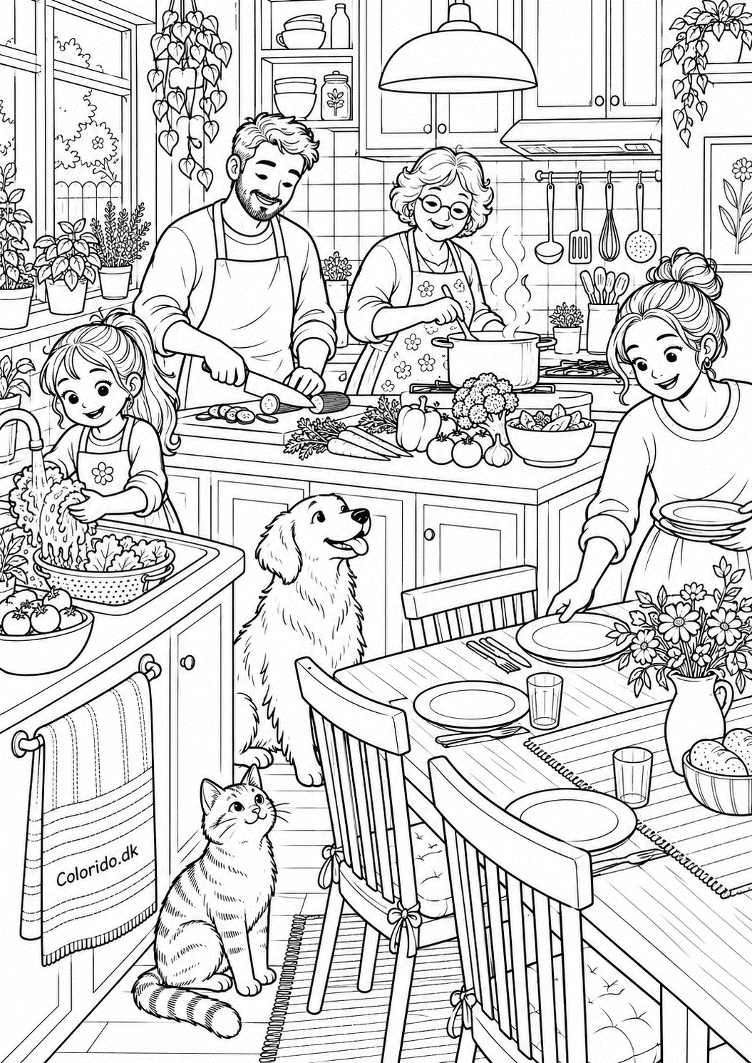 Familie laver aftensmad sammen – menneske tegning til print