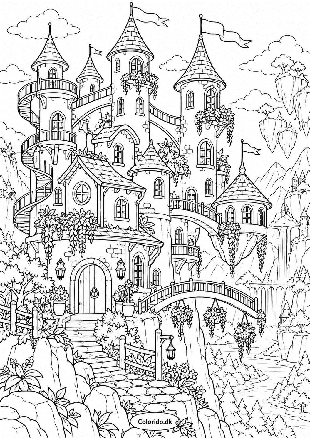 Fantasihus med tårne – detaljeret tegning til print