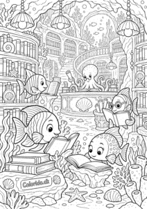 Fisk i magisk undervandsbibliotek – fantasifuld tegning