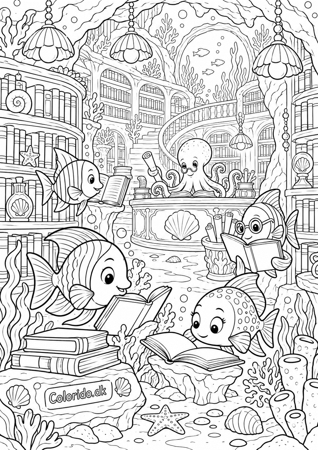 Fisk i magisk undervandsbibliotek – fantasifuld tegning