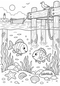 Fisk under broen ved havnen – tegning til print