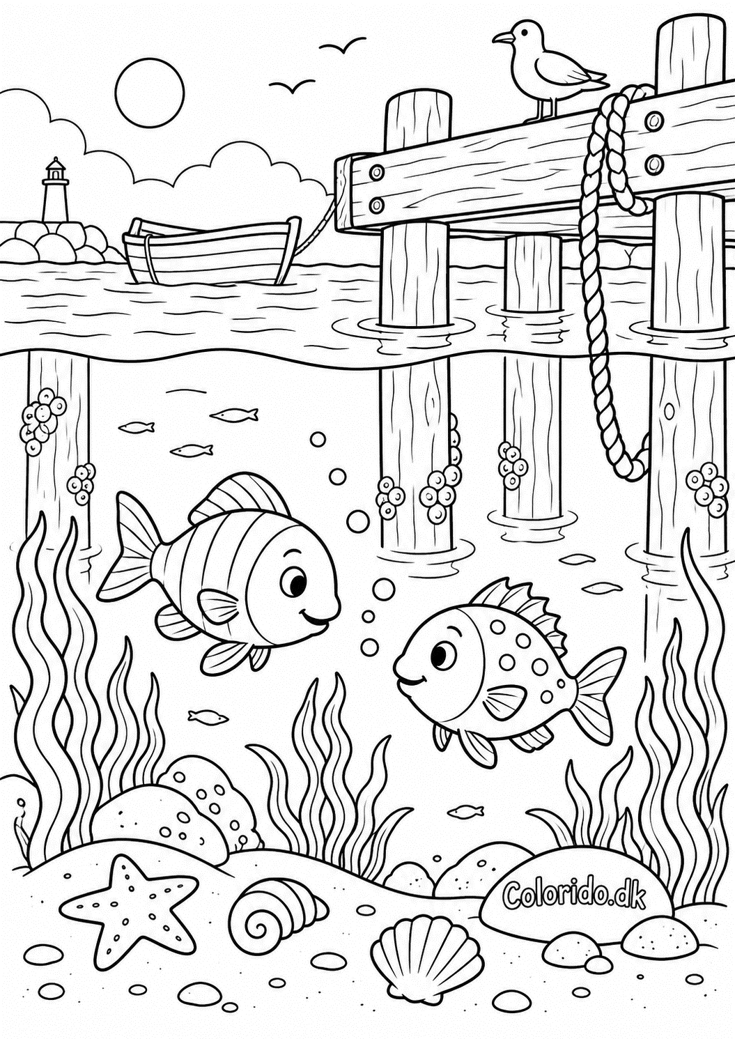 Fisk under broen ved havnen – tegning til print