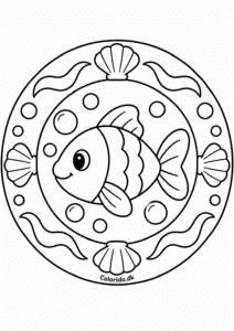 Nem fiskemandala med skaller og bølger til print