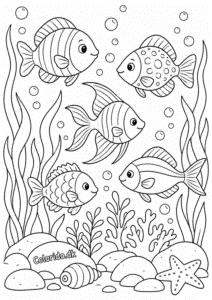 Fiskestime mellem havplanter – tegninger til print