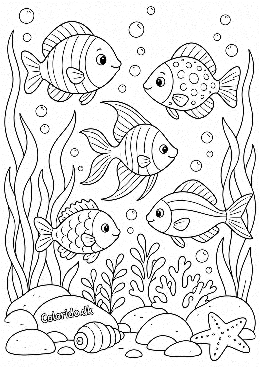 Fiskestime mellem havplanter – tegninger til print
