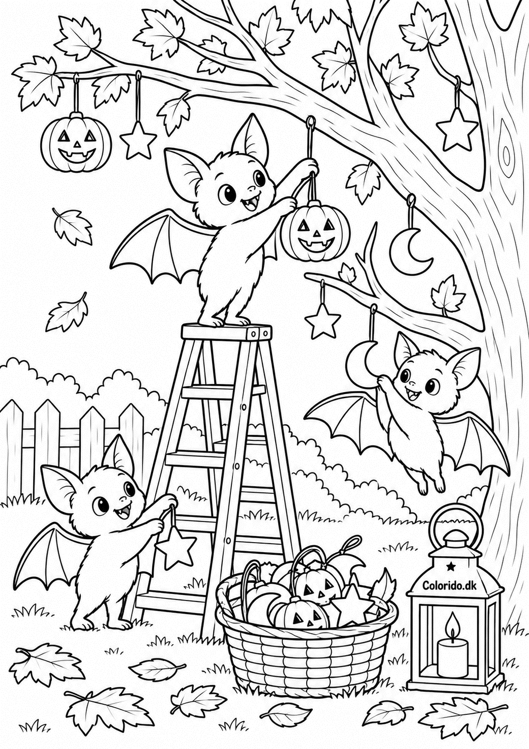Flagermus pynter et efterårstræ – Halloween tegning for børn