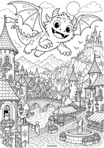 Flyvende monster over en eventyrlig by