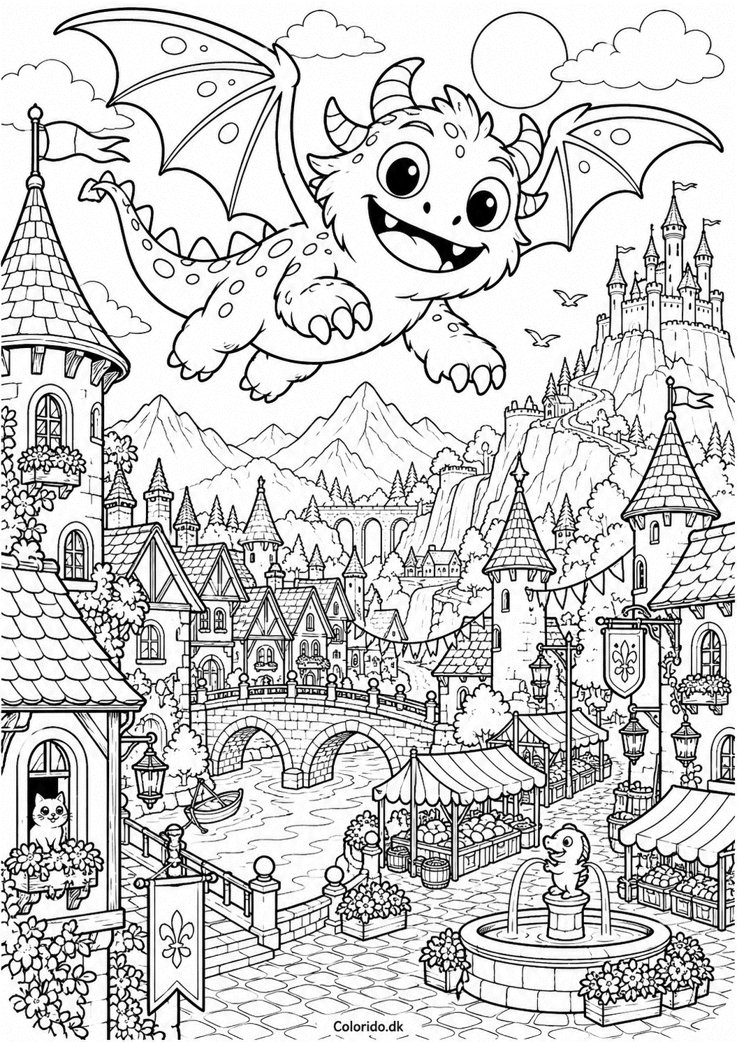 Flyvende monster over en eventyrlig by