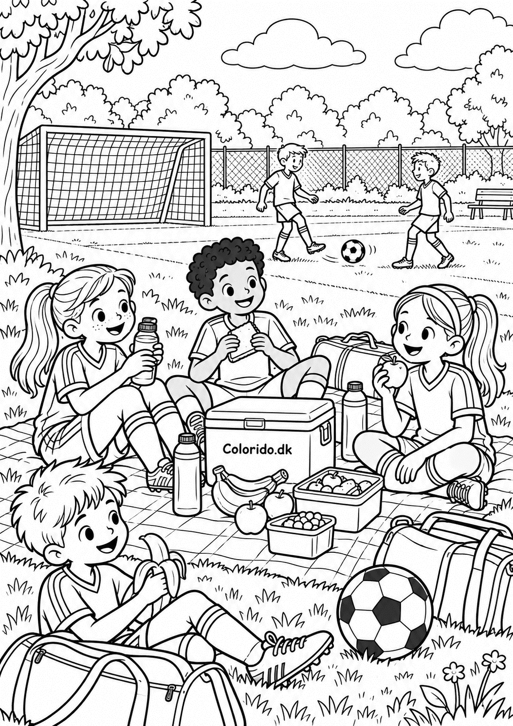 Fodboldhold holder picnic efter kampen – gratis tegning