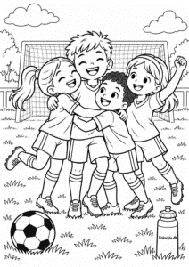 Fodboldhold jubler sammen – malebogstegning