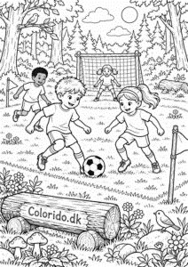 Fodboldkamp i skovens lysning – naturtegning til print