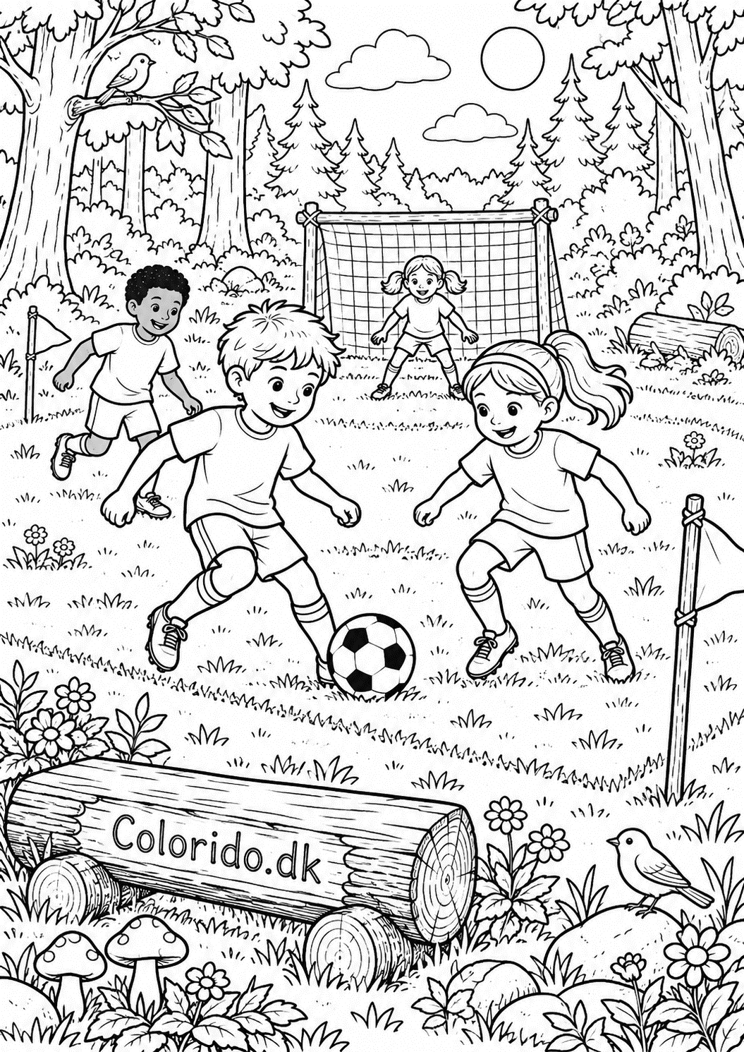 Fodboldkamp i skovens lysning – naturtegning til print