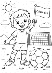 Fodboldspiller med flag og bold – nem tegning