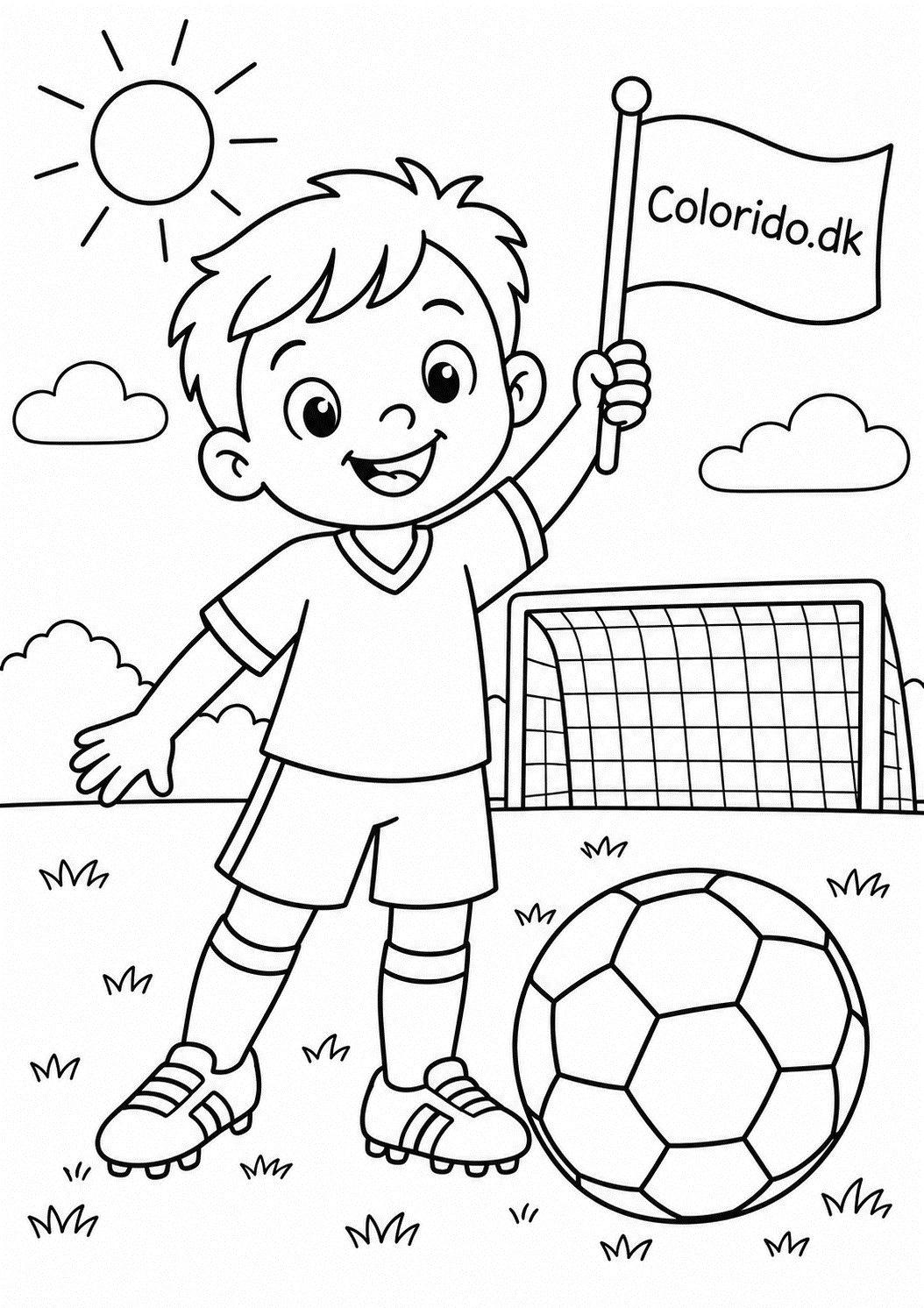 Fodboldspiller med flag og bold – nem tegning