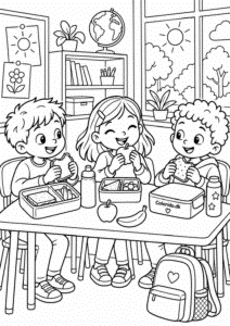 Frokostpause med venner i skolen – hyggelig skoletegning til farvelægning