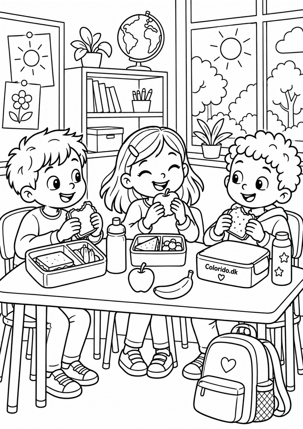 Frokostpause med venner i skolen – hyggelig skoletegning til farvelægning