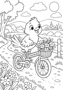 Fugl cykler med blomster – gratis tegning