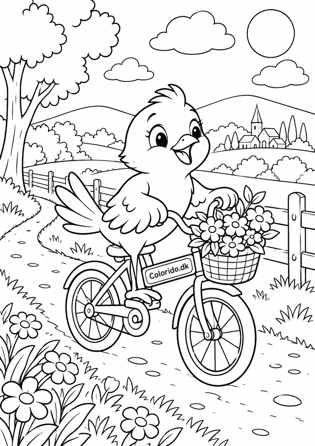Fugl cykler med blomster – gratis tegning