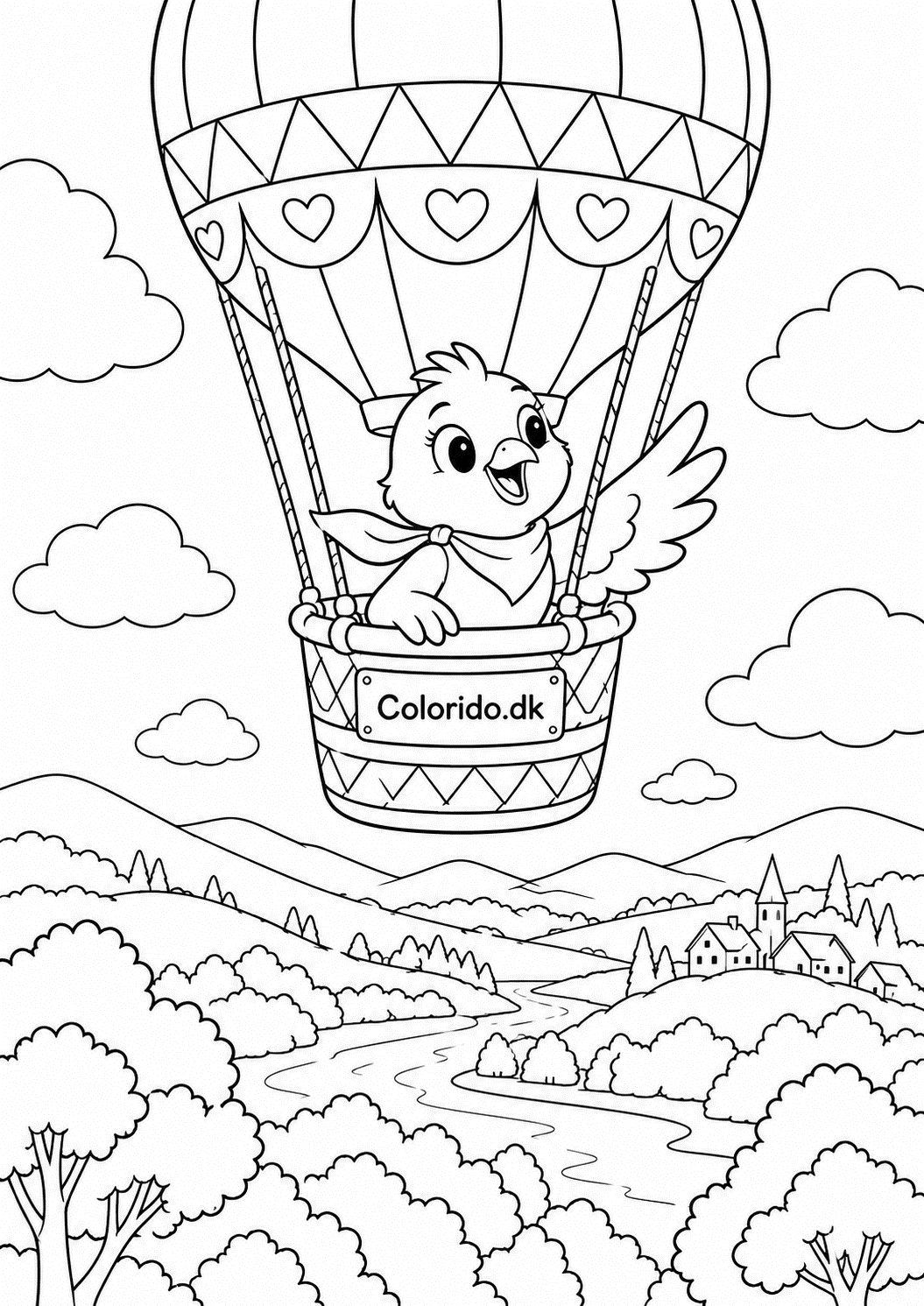 Fugl i varmluftballon – eventyrtegning til print