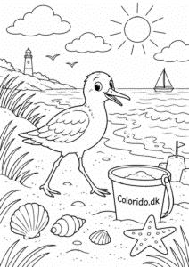 Fugl på stranden – sommertegning til print