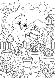 Fugl planter blomster – gratis tegning
