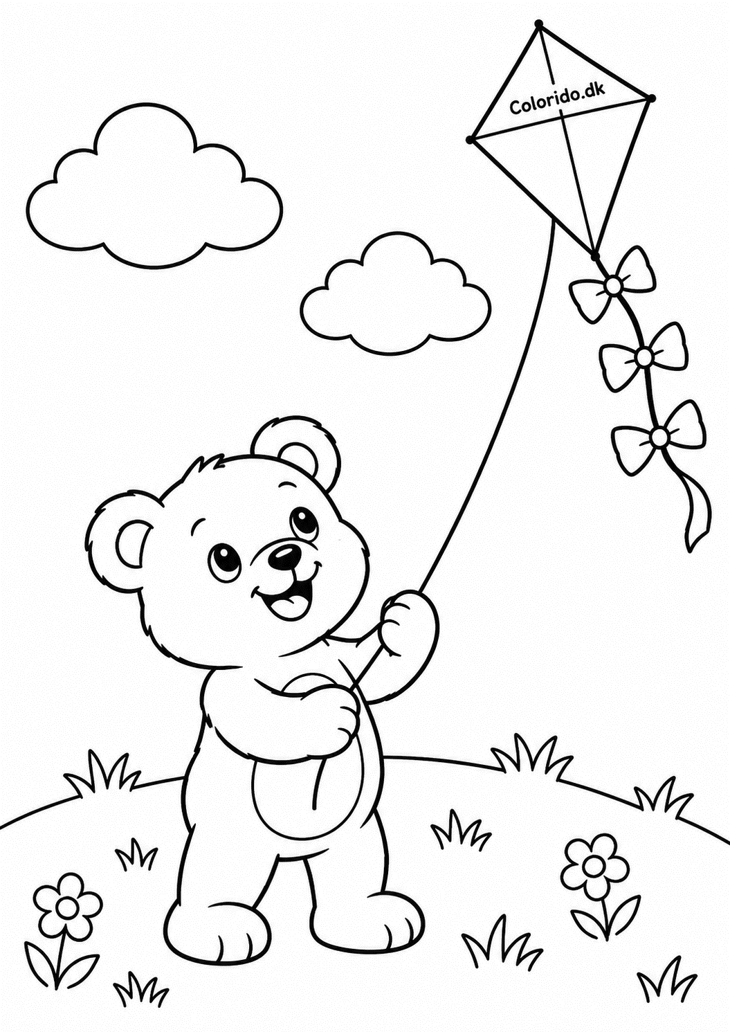 Glad bamse flyver med drage – nem bamsetegning til farvelægning