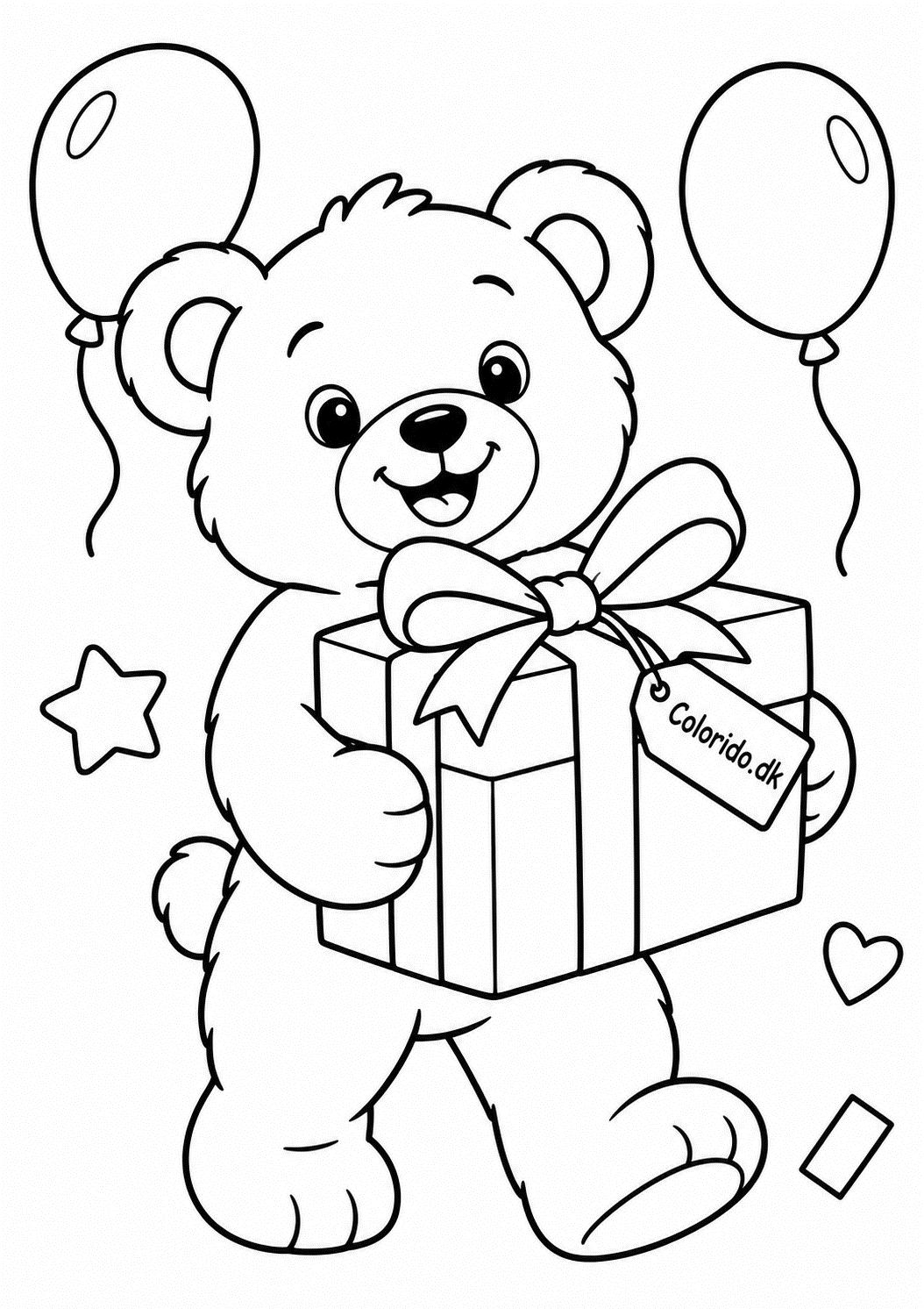 Glad bamse med gave og balloner – gratis bamsetegning til print