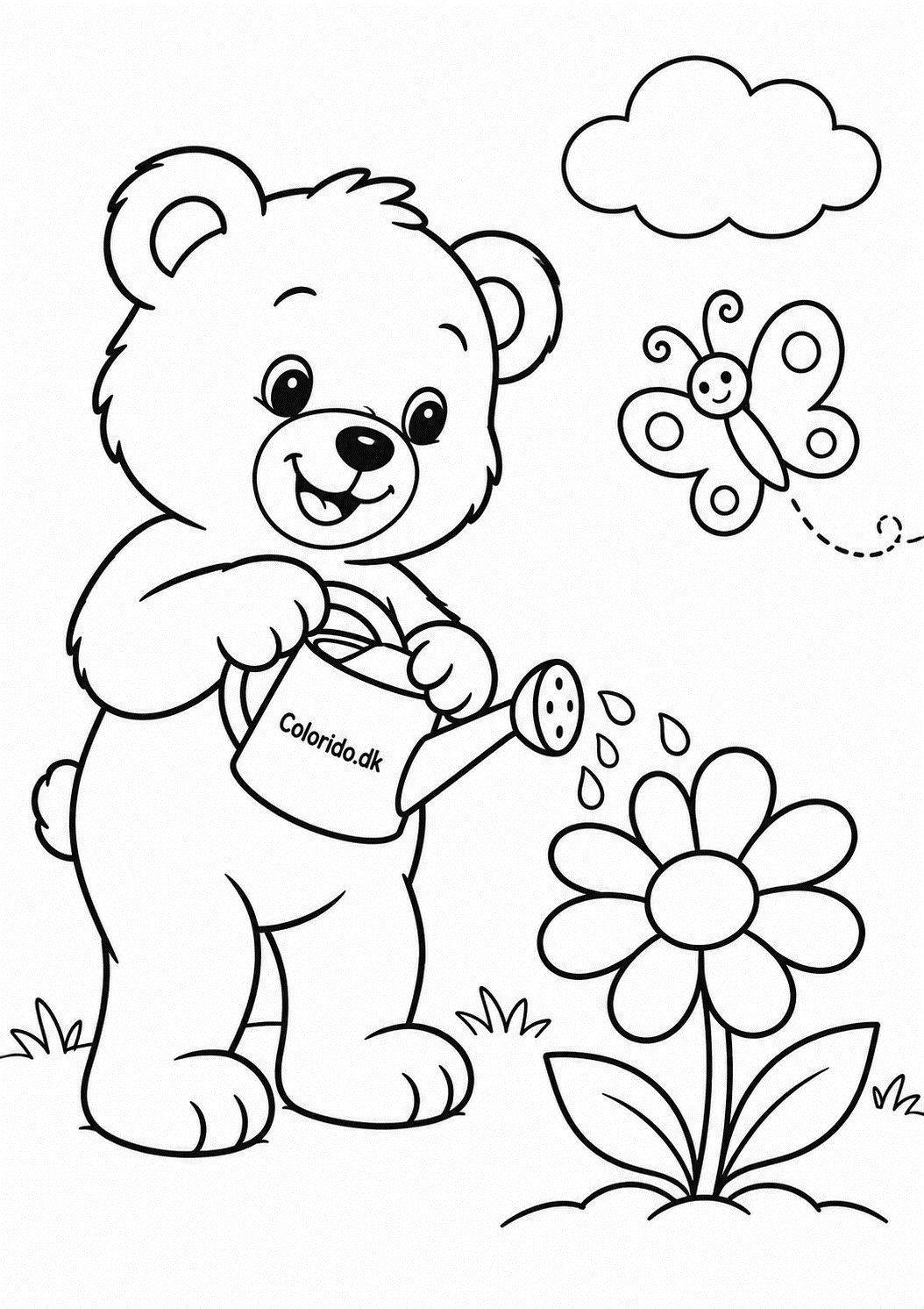 Glad bamse vander en stor blomst – enkel bamsetegning til print