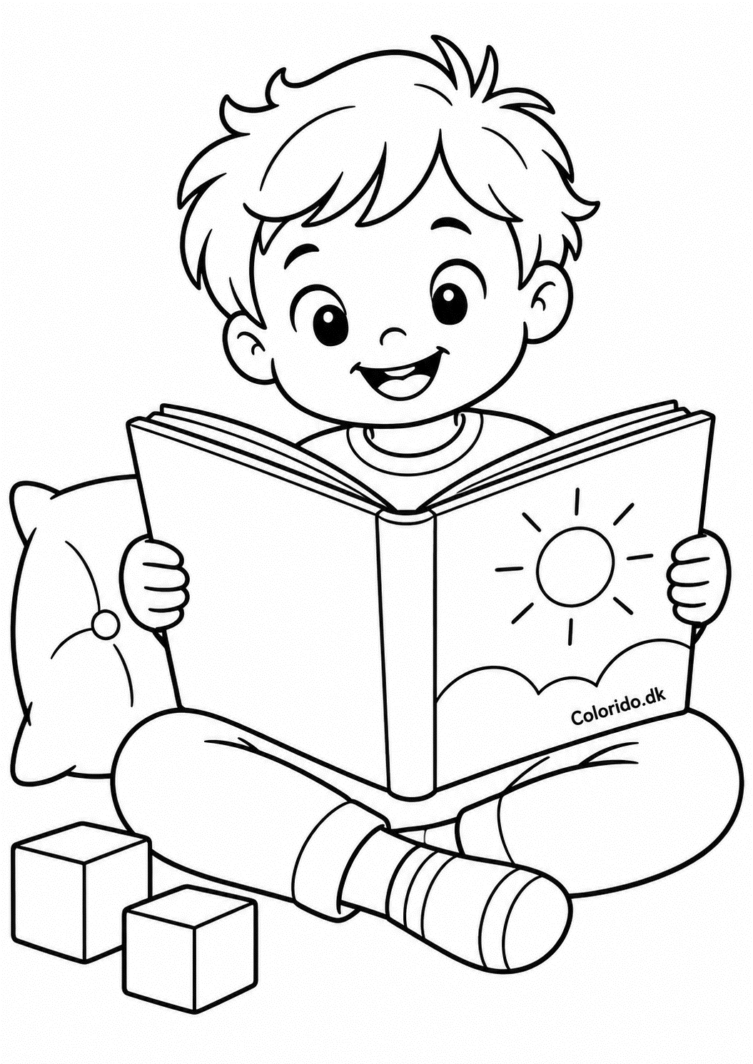 Glad barn læser stor bog – enkel skoletegning til print
