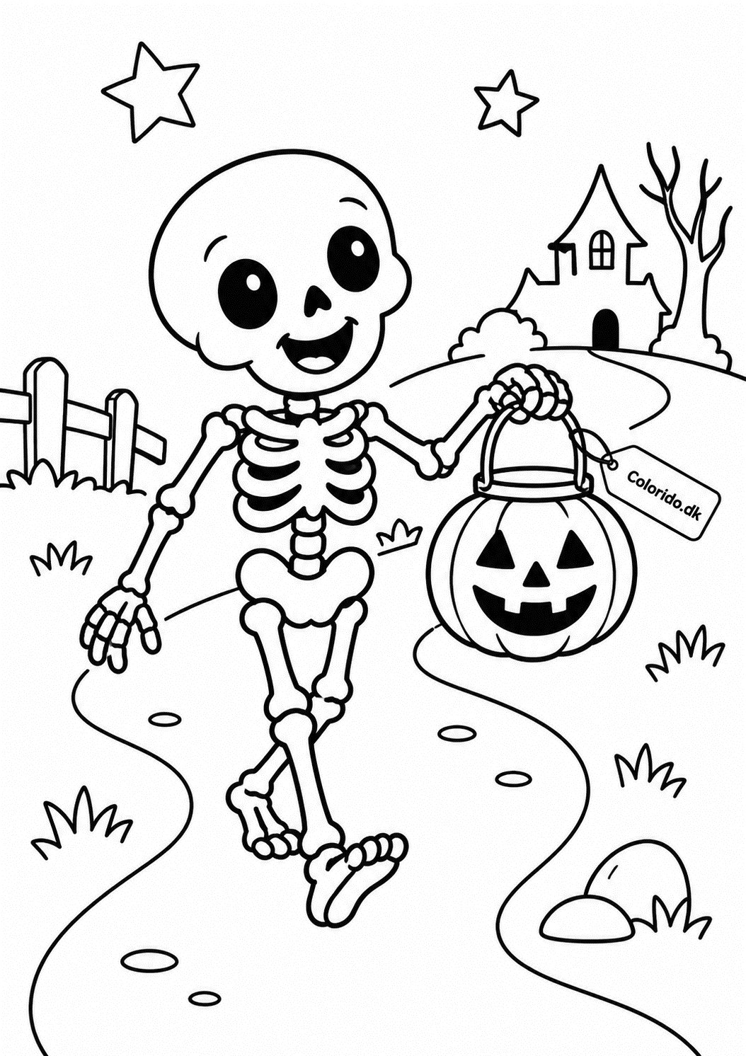 Glad skelet med græskarlygte – enkel skelettegning til farvelægning