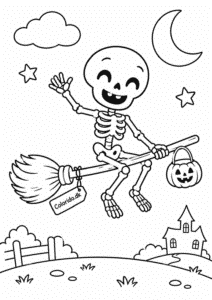 Glad skelet på kost med græskar – nem halloweentegning til print